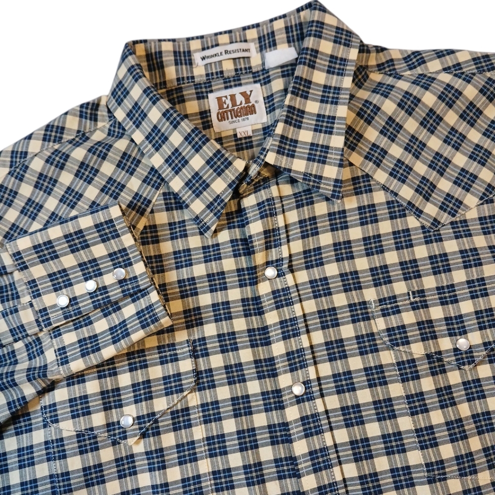 ELY Cattleman Mens Cream & Blue Pearl Snap Western Wrinkle Resistant Shirt XXL